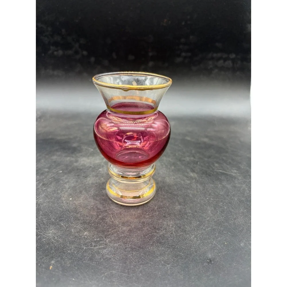 Vintage Cranberry Glass Miniature Bud Vase Gold Gilt Trim Pink Art Glass 4.25in
